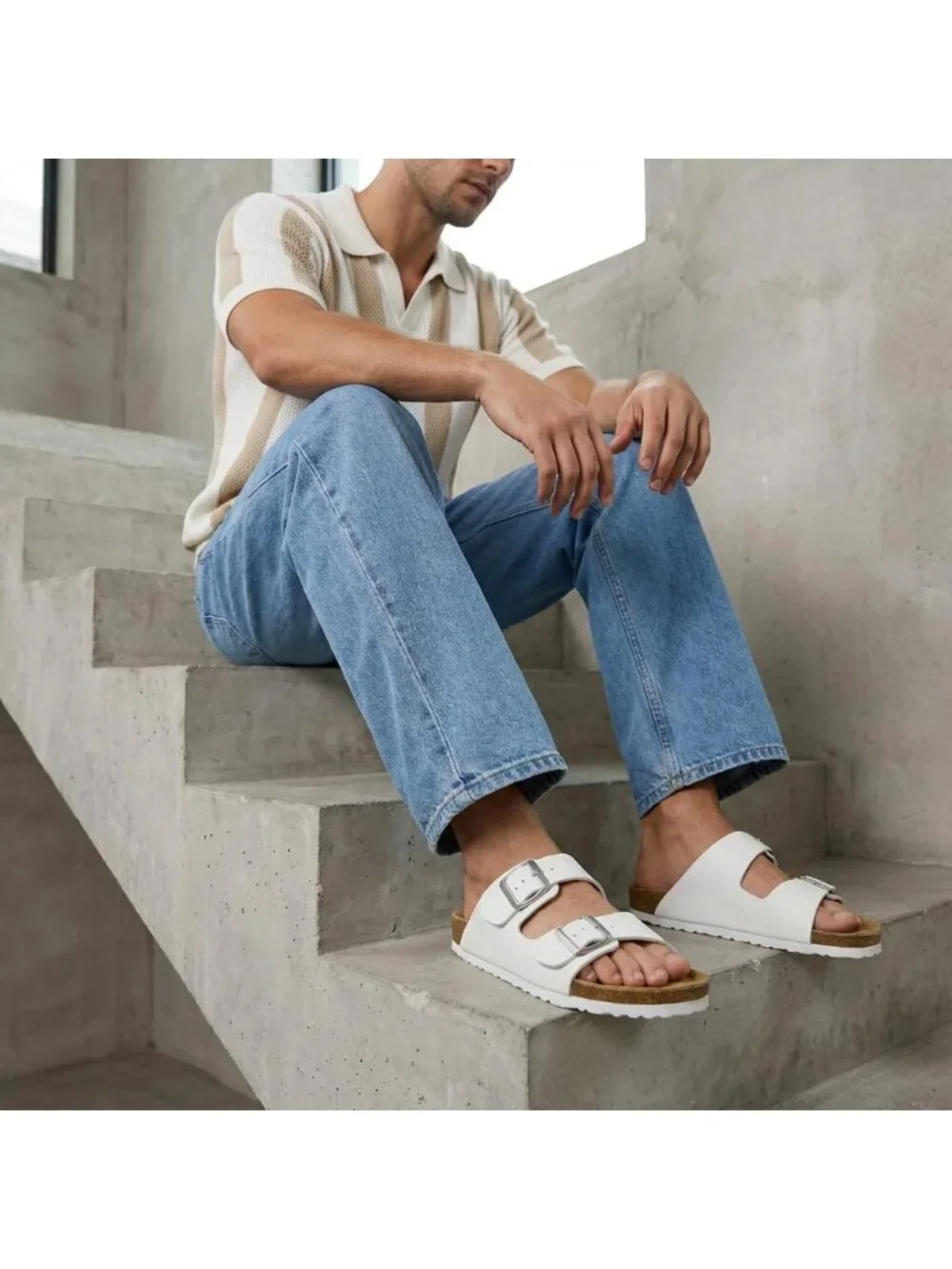 Men's White Lane Cork Footbed Sandals Adjustable Buckle Comfort Slides